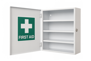 White first aid cabinet showing empty shelves on transparent background