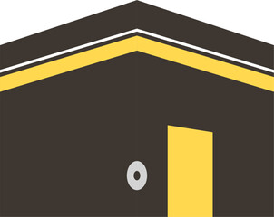 Geometric Building: Dark Structure with Yellow Trim and Doorway