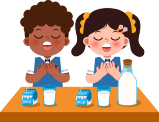 Children with Milk: Eyes Closed, Hands on Chests, Happy, Illustration.