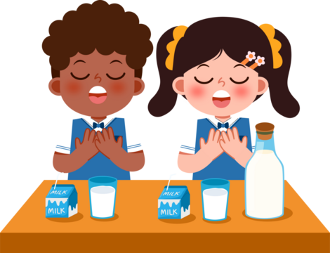 Children with Milk: Eyes Closed, Hands on Chests, Happy, Illustration.