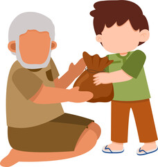 Giving Illustration: Boy Offering Sack to Kneeling Elder, Generosity.