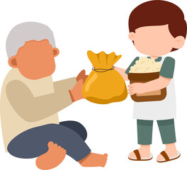 Generosity: Child Giving Food to Elderly Person, Cartoon Illustration.