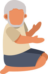 Elderly Man Praying, Kneeling with Hands Raised, Gray Hair, Cartoon Style.