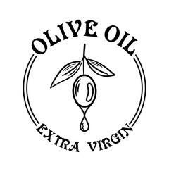 This vector illustration features an olive oil label showcasing a single olive and a droplet of oil. The design conveys richness and purity, embodying the essence of high-quality Mediterranean cuisine