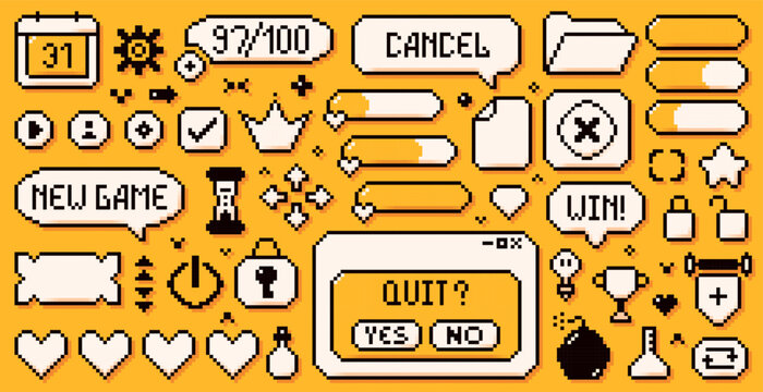 A large set of pixel game art 8 bit icons drawn in a yellow and white color scheme. Speech bubbles, hearts, crown and many other elements.