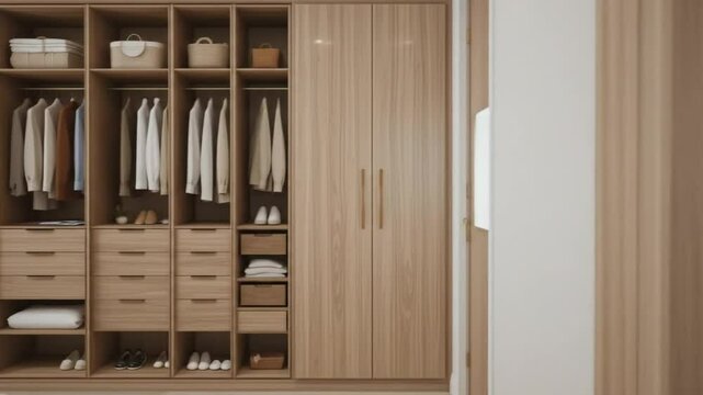 Wooden wardrobe with tiered design, compact home interior storage. Wardrobe with clothes, drawers, shoes, shelves. 4k video