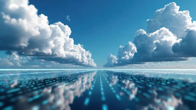 Futuristic digital landscape with glowing blue grid lines and technology reflections stretches to horizon dramatic sky filled with fluffy clouds, evoking innovation, limitless possibilities