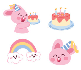 Cute rabbit birthday element clipart hand drawn collections