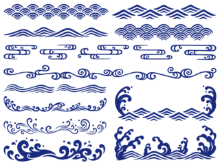  紺色の和風の波の飾りセット © Nora Hachio