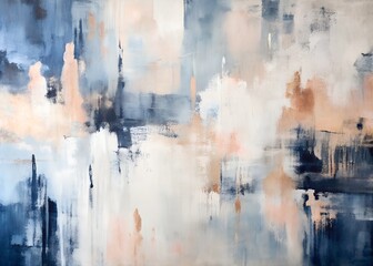 Abstract painting with smooth offwhite canvas featuring navy and blush pink accents, creating modern and calming atmosphere with textured brush strokes and layered colors