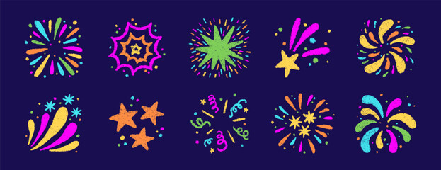 Crayon doodle firework symbol. Hand drawn firework pencil sketch. Chalk color magic sparkle. Crayon texture starburst. Vector illustration on white background.