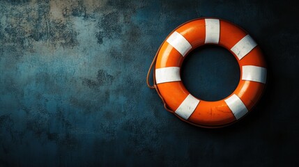 Lifebuoy floating on dark background, safety equipment for drowning prevention at sea, emergency rescue tool, maritime safety, boat accessories.