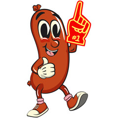 Cheerful sausage cartoon mascot raise foam finger, fun meat snack character illustration, isolated high-quality vector perfect for branding and design use, work of hand drawn