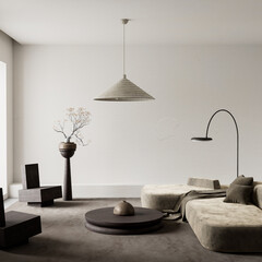 Minimalist elegance in a serene living room. 3D illustration