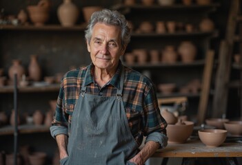 Ceramics artist in a pottery studio, showcasing craftsmanship by the kiln