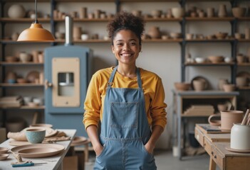 Ceramics artist smiling in a pottery studio beside the kiln