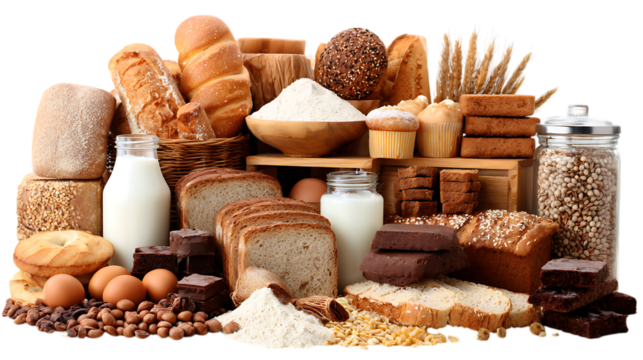 Assortment of breads pastries milk and grains isolated on transparent background