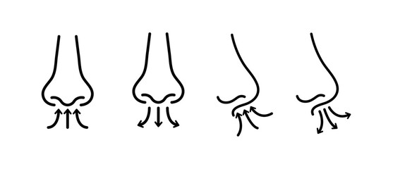 Inhale and exhale icons. Nose breathing illustration, line style, editable stroke.