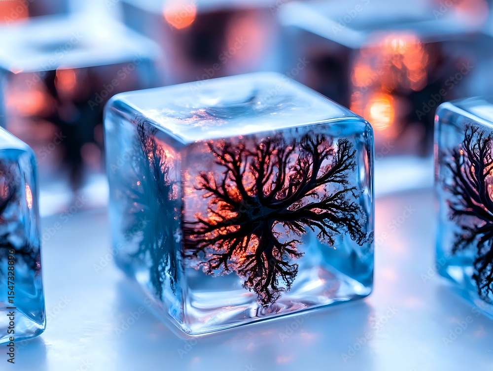 Poster frozen tree silhouette captured inside ice cube with orange sunset glow, macro photography showing i