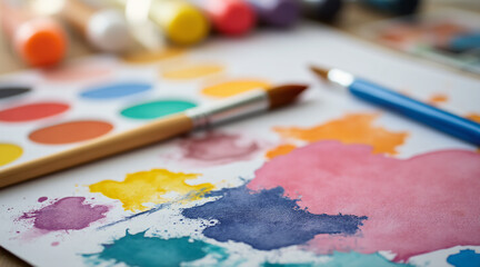 Obraz premium Colorful Paint Palette with Brushes and Watercolors Spread on a Wooden Table