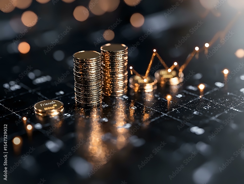 Aufkleber stacked coins on financial chart with rising graph trend line and bokeh light effects in dark backgr