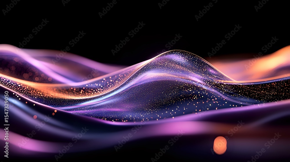 Poster glowing purple and orange waves with sparkling particles flow across dark background creating dynami