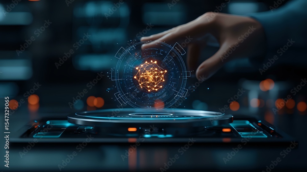 Poster futuristic holographic display showing glowing virus cell with hand reaching towards interactive med