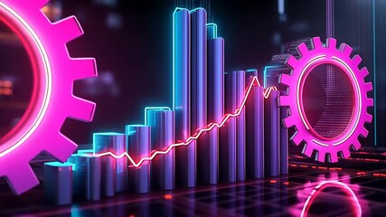 Vibrant futuristic data visualization with glowing gears and bar graphs showcasing growth trends - Powered by Adobe