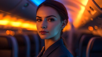 A flight attendant demonstrating safety procedures on