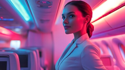 A flight attendant demonstrating safety procedures on