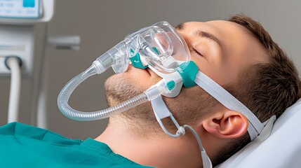 Patient with Nasal Mask Undergoing Respiratory Treatment in Hospital