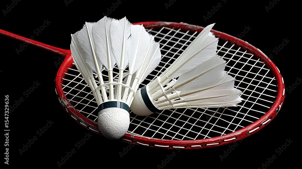 Poster golden shuttlecock resting on a badminton racket with a black background