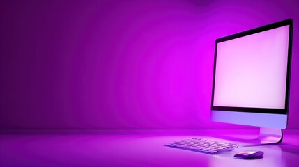 Modern workspace featuring a sleek computer setup with a glowing purple background ambiance