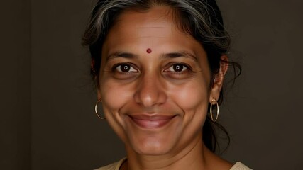 Portrait of a mature Indian woman showing subtle signs of aging around her eyes natural skin tone gold hoop earrings graying hair temples