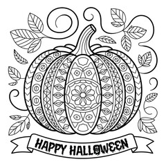 Detailed Mandala Pumpkin Coloring Page with Leaves - Autumn Line Art Illustration