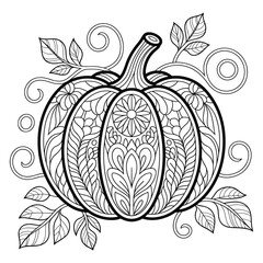 Detailed Pumpkin Coloring Page isolated on white background