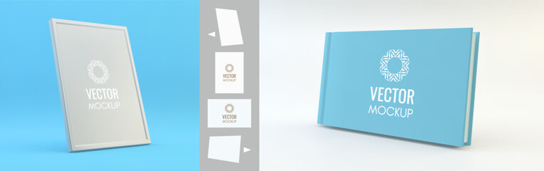 Realistic frame. Design element for message. Hardcover book mockup or scrapbook. Cover design template. Blank sheet. 3d vector illustration for picture, poster,  certificate, diploma or photo.