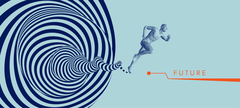 Concept of movement into the future, progress and development in time. Striving for a goal. Tunnel with optical illusion and swirl effect, similar to a high-speed trail from a fast running man. Vector