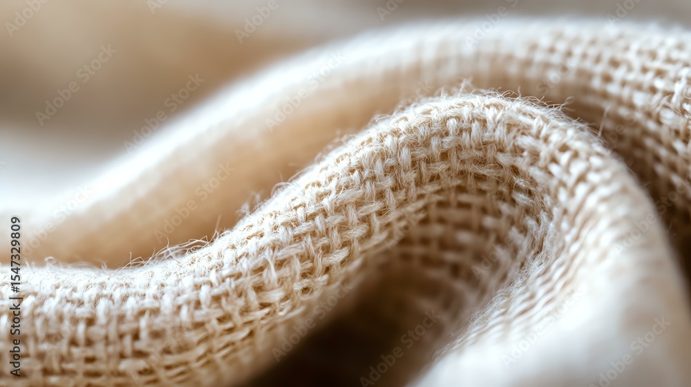 Poster natural beige burlap fabric with soft waves and folds creating gentle curves and shadows, macro clos