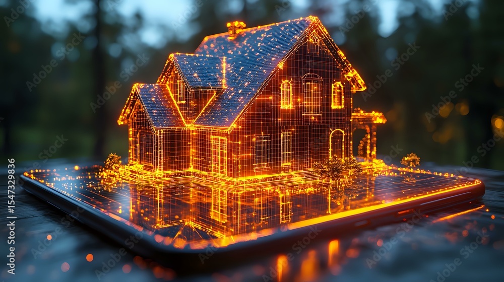 Poster glowing orange wireframe model of modern house with illuminated outline and structural details again