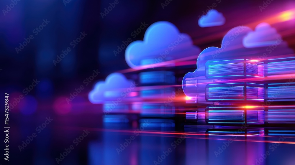 Poster futuristic digital cloud storage concept with vibrant neon lights and data flow in a tech environmen