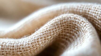 Natural beige burlap fabric with soft waves and folds creating gentle curves and shadows, macro close-up showing detailed woven texture and fibers.
