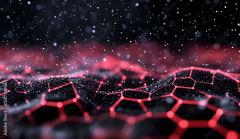 Poster glowing red hexagonal grid structure with particles and bokeh effects against dark background create