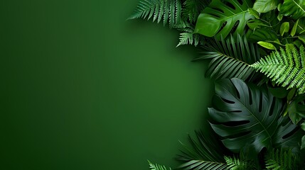Fototapeta premium Tropical green leaves frame border on dark emerald background with copy space. Natural botanical layout for luxury product presentation and branding.