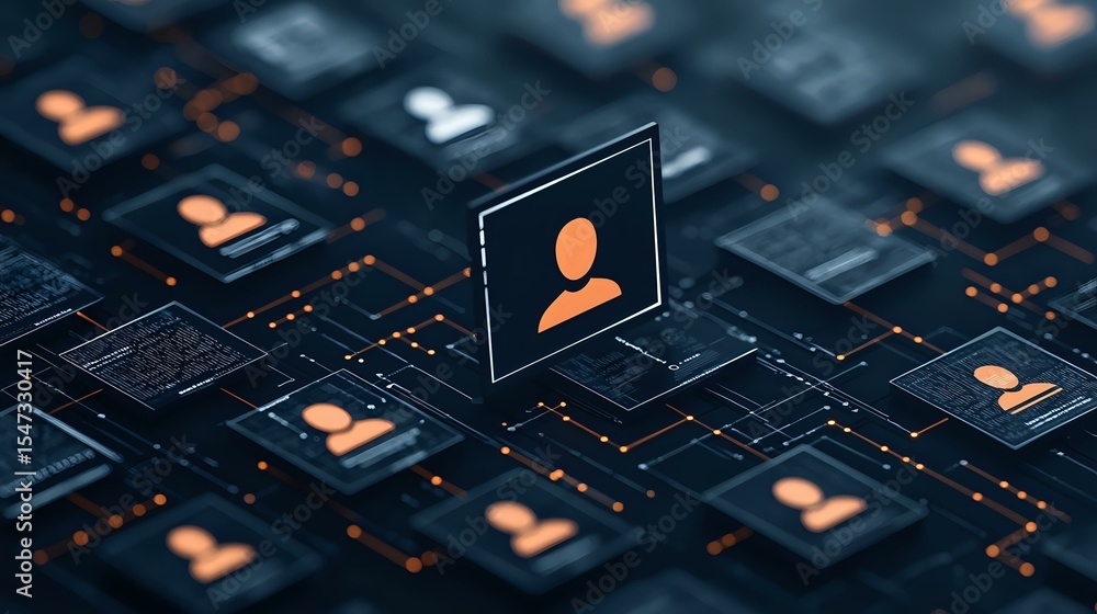 Poster digital network of glowing orange user profile icons connected on dark circuit board pattern, repres