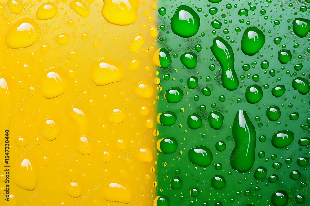 Poster water drops on dual colored yellow and green surface creating abstract pattern with light reflection