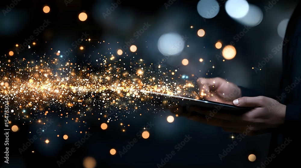 Poster magical glowing sparkles and light particles flowing from smartphone screen held in dark, creating e