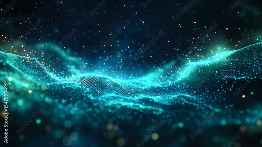 Poster mystical turquoise aurora waves flow through starry night sky creating magical cosmic atmosphere wit