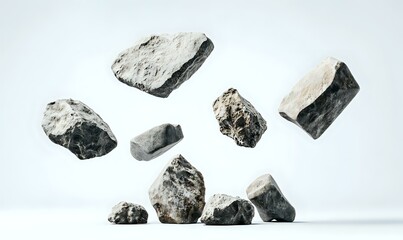 Naklejka premium Rough gray stones floating in air against white background, creating dynamic composition with shadows beneath. Isolated objects for design and advertising use.