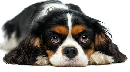 Cavalier King Charles Spaniel dog with distinctive tricolor markings lying down and looking up with soulful eyes against pure white background, isolated for design use.